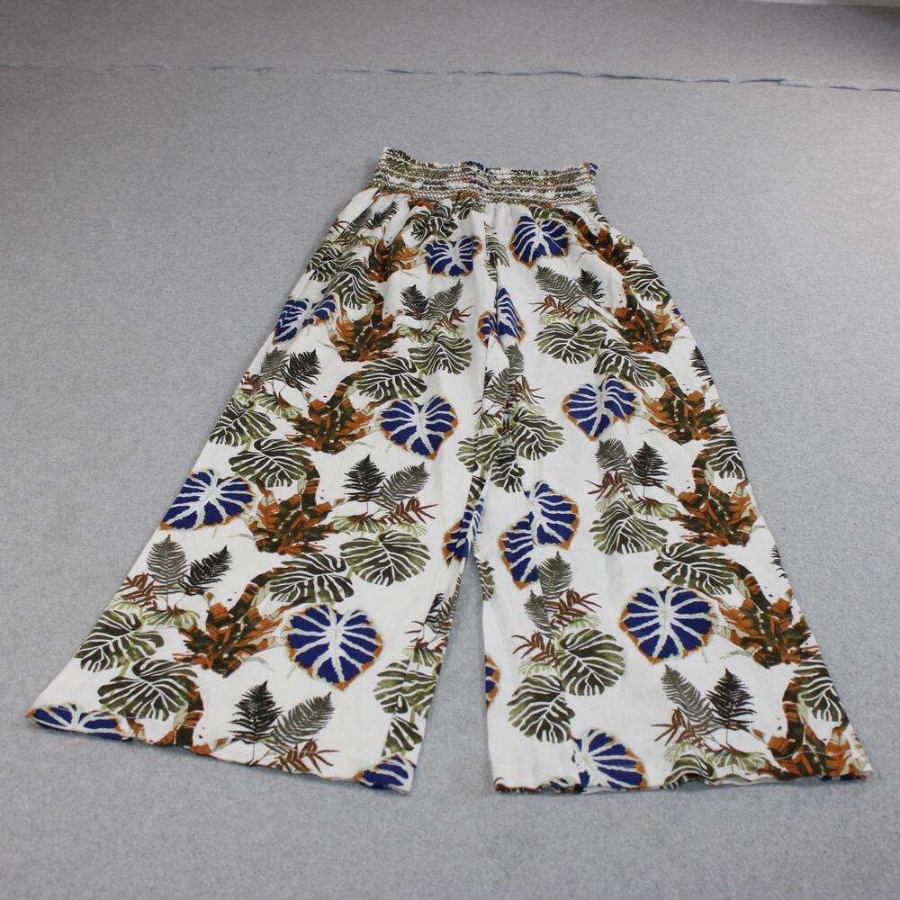 DAHUI Hawaii Pants Women Small White Tropical Leaf Linen Wide Leg Beach Boho